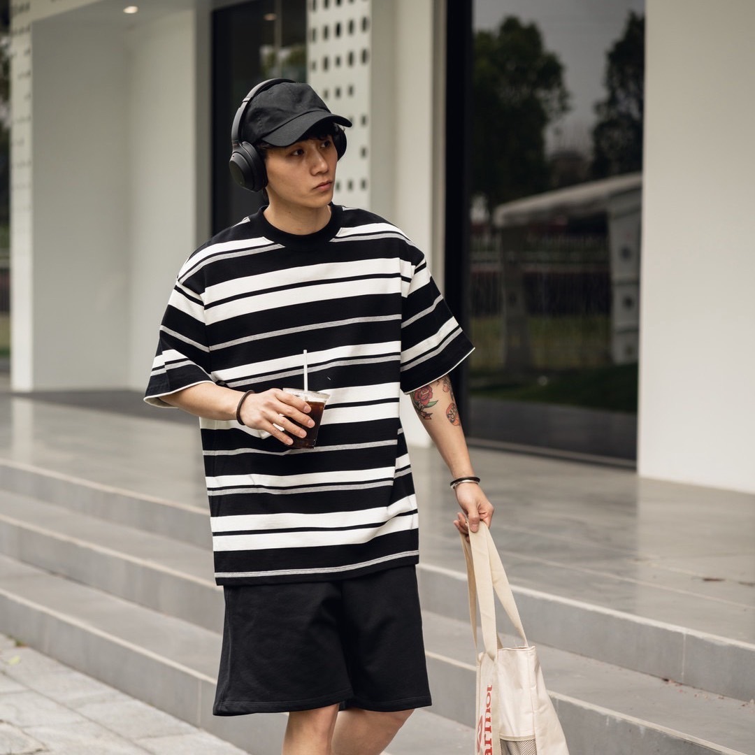 拼色條紋寬版短袖TEE恤