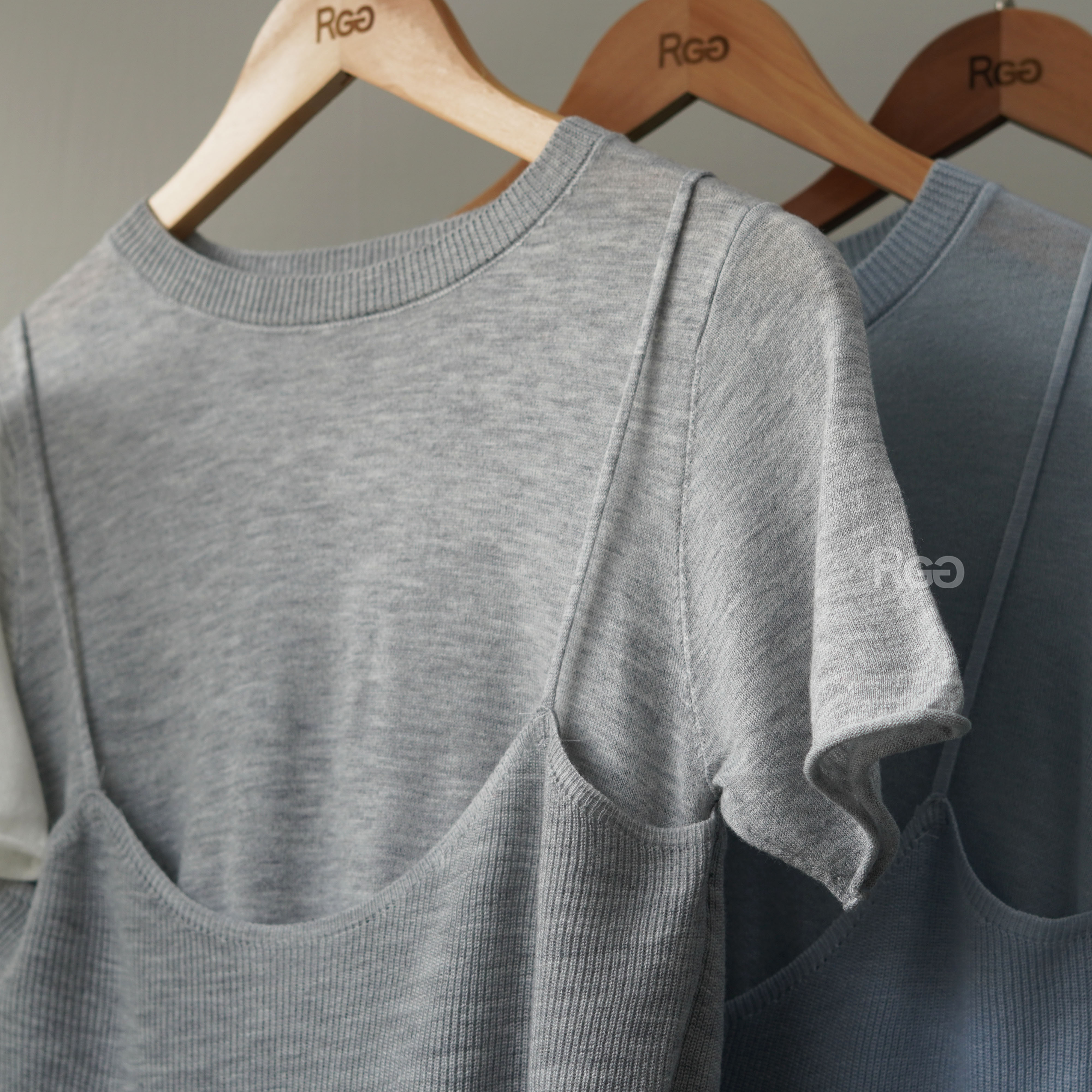 #6023 設計感兩件式針織短T淺灰