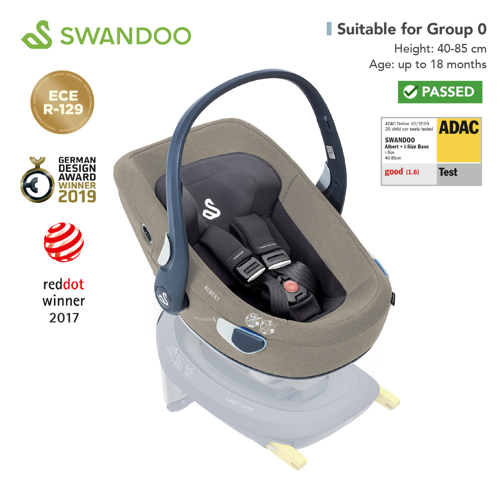 Swandoo - Albert i-Size 1.2 提籃式 0-18個月兒童安全座椅 (淺茶灰)(不含底座)