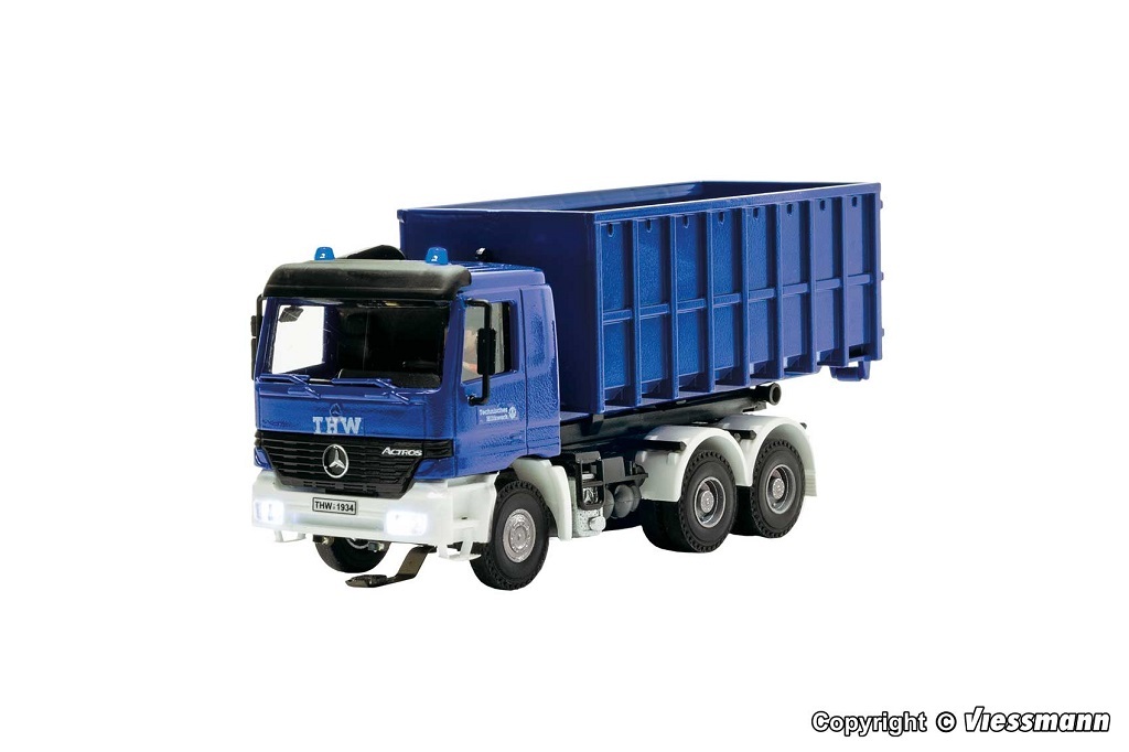 Viessmann 8070 HO規 THW MB ACTROS 卡車(配滾裝貨櫃與旋轉閃光燈) 自走系統