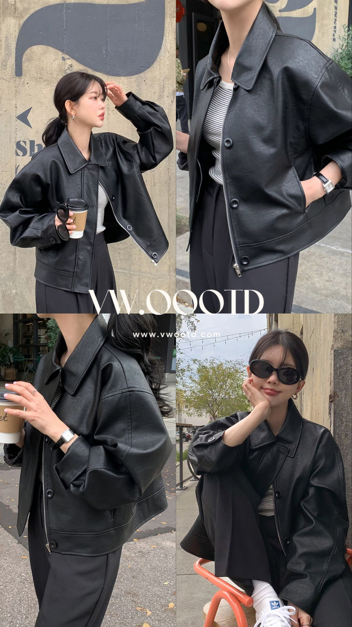 反領拉鍊鈕扣人造皮褸(黑色)