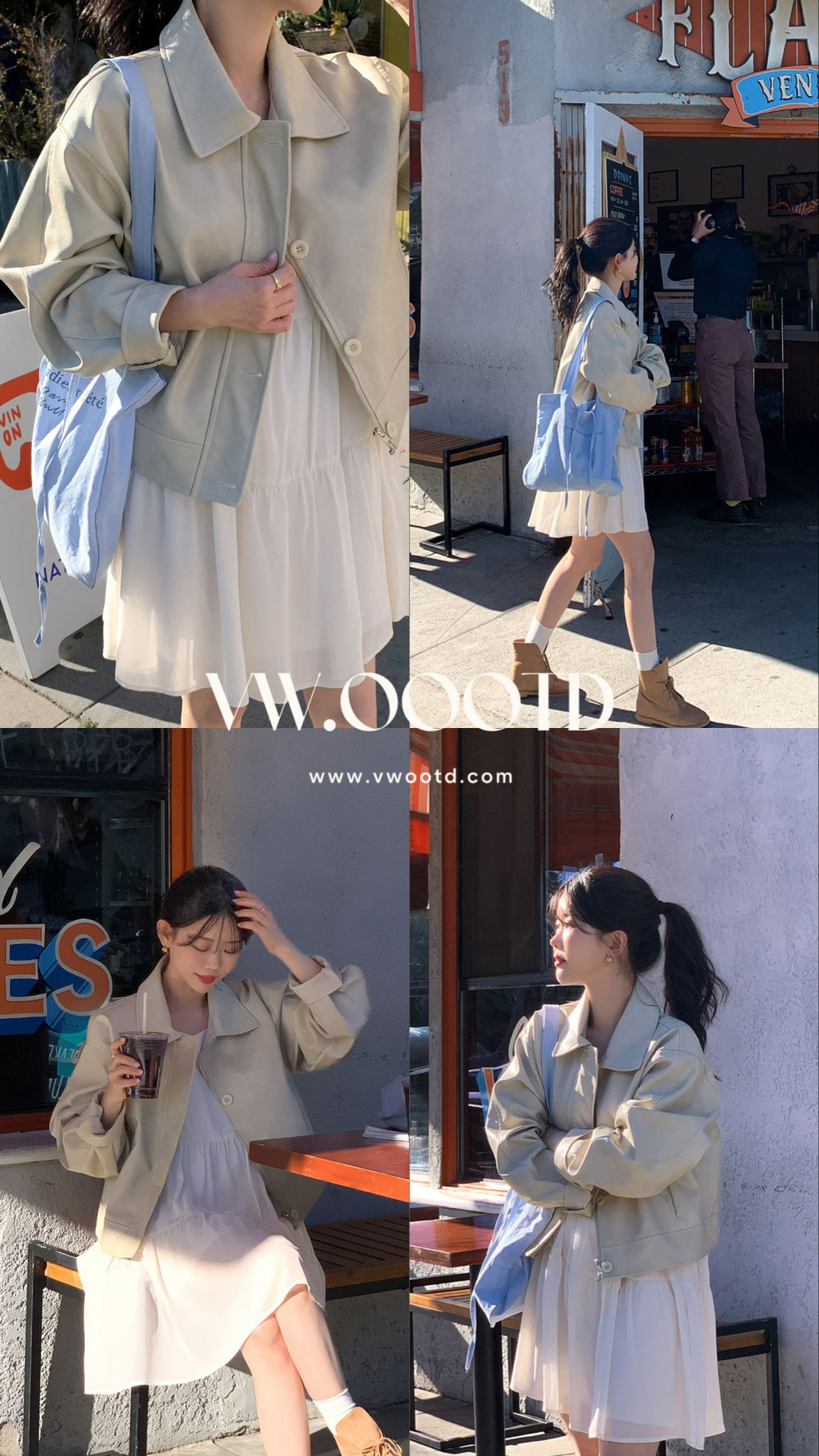 反領拉鍊鈕扣人造皮褸(米色)