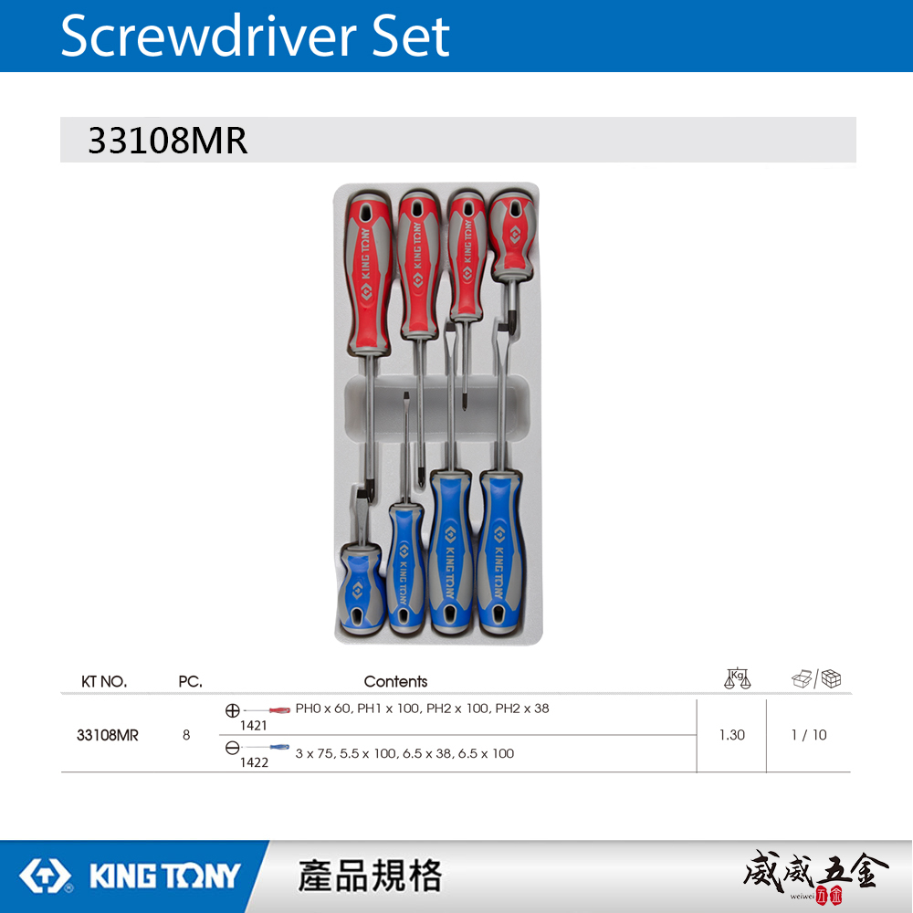KING TONY 金統立 台灣製｜綜合螺絲起子 8支組 膠柄起子組 十字 一字起子 8件式｜33108MR