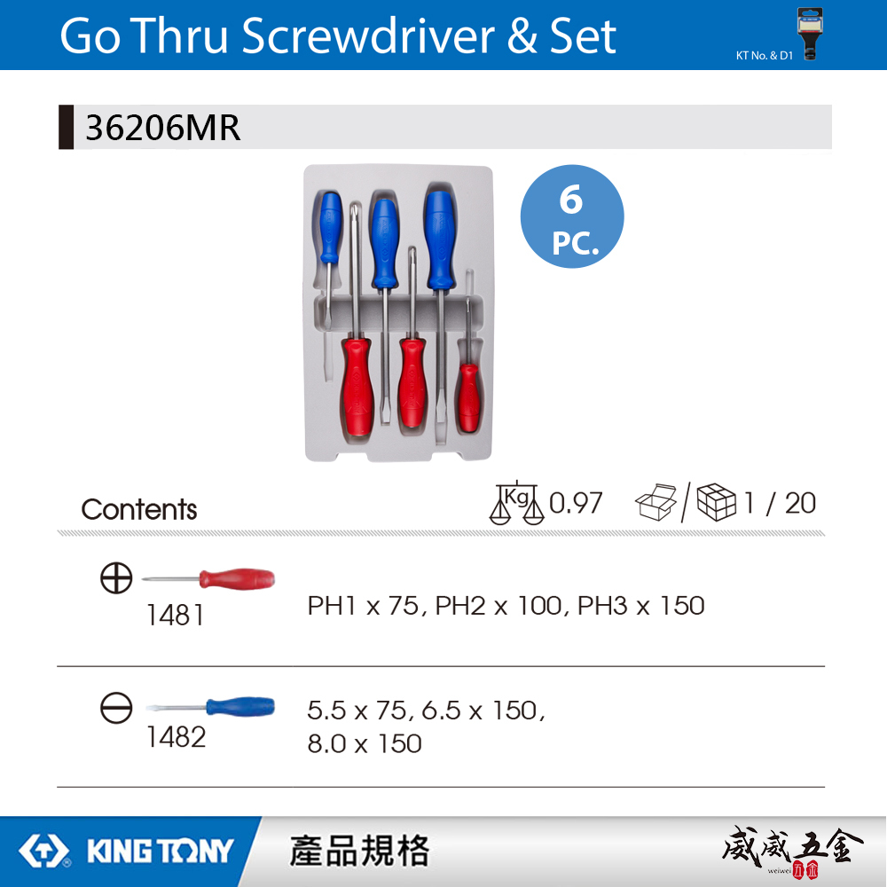 KING TONY 金統立 台灣製｜膠柄十字起子 一字貫通起子 貫通起子 螺絲起子組 6支組｜36206MR