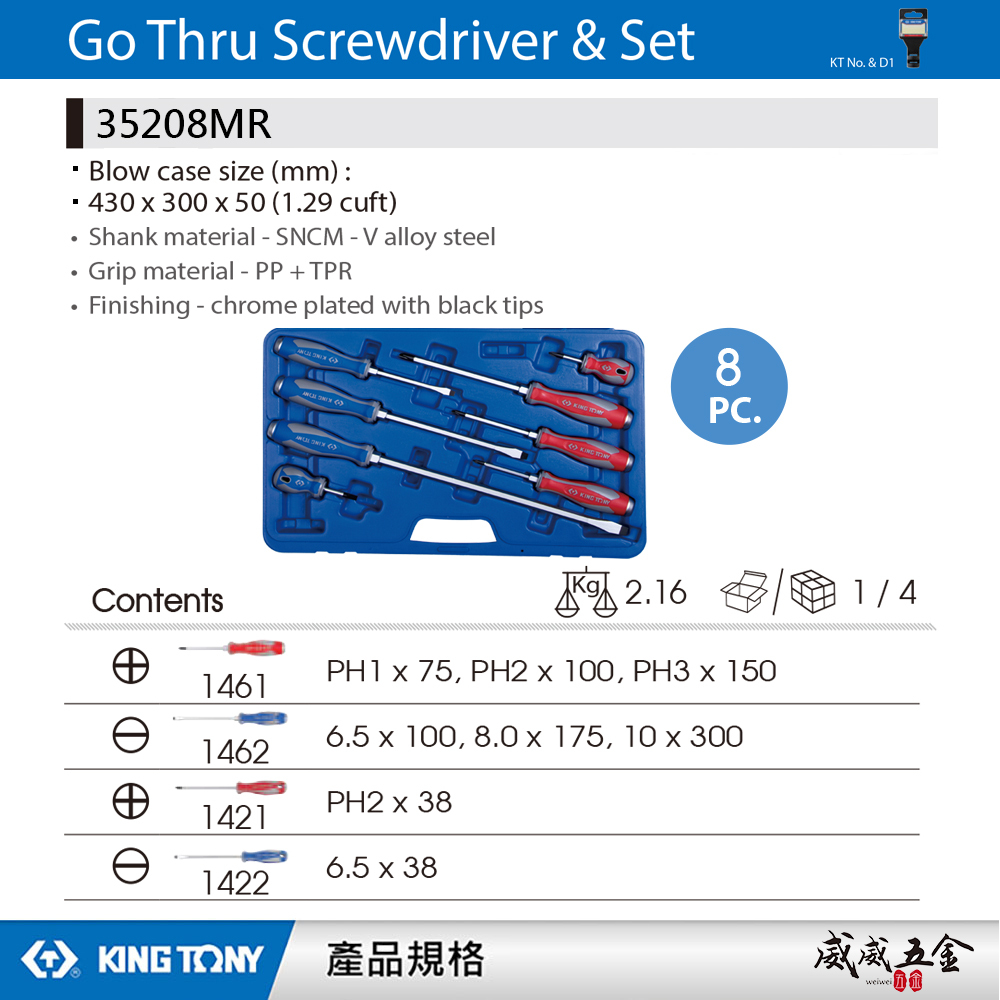 KING TONY 金統立 台灣製｜綜合膠柄貫通十字起子 一字貫通起子 貫通螺絲起子 8支組｜35208MR