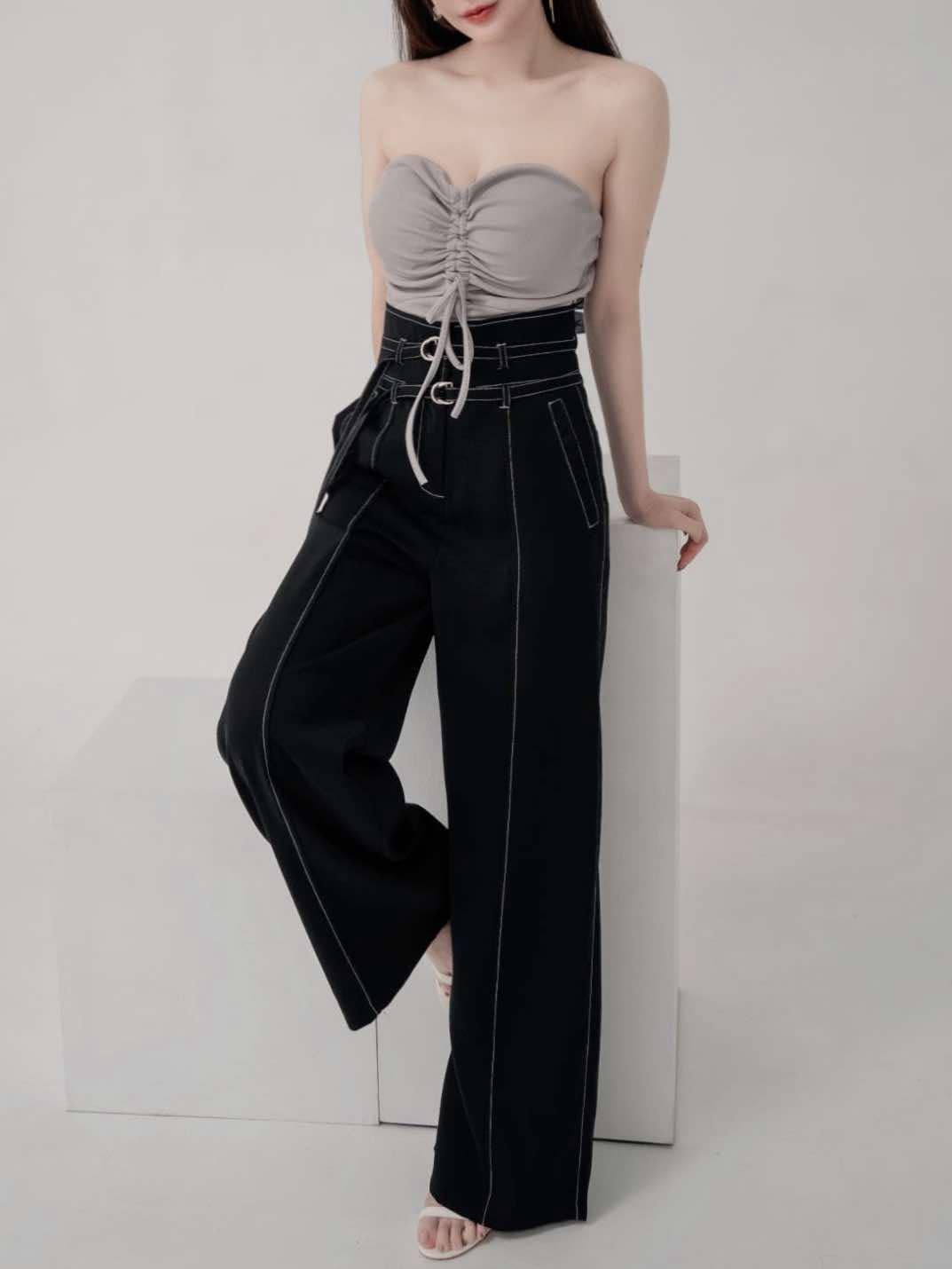 🤍車線雙帶高腰落地褲寬褲（黑色均碼）