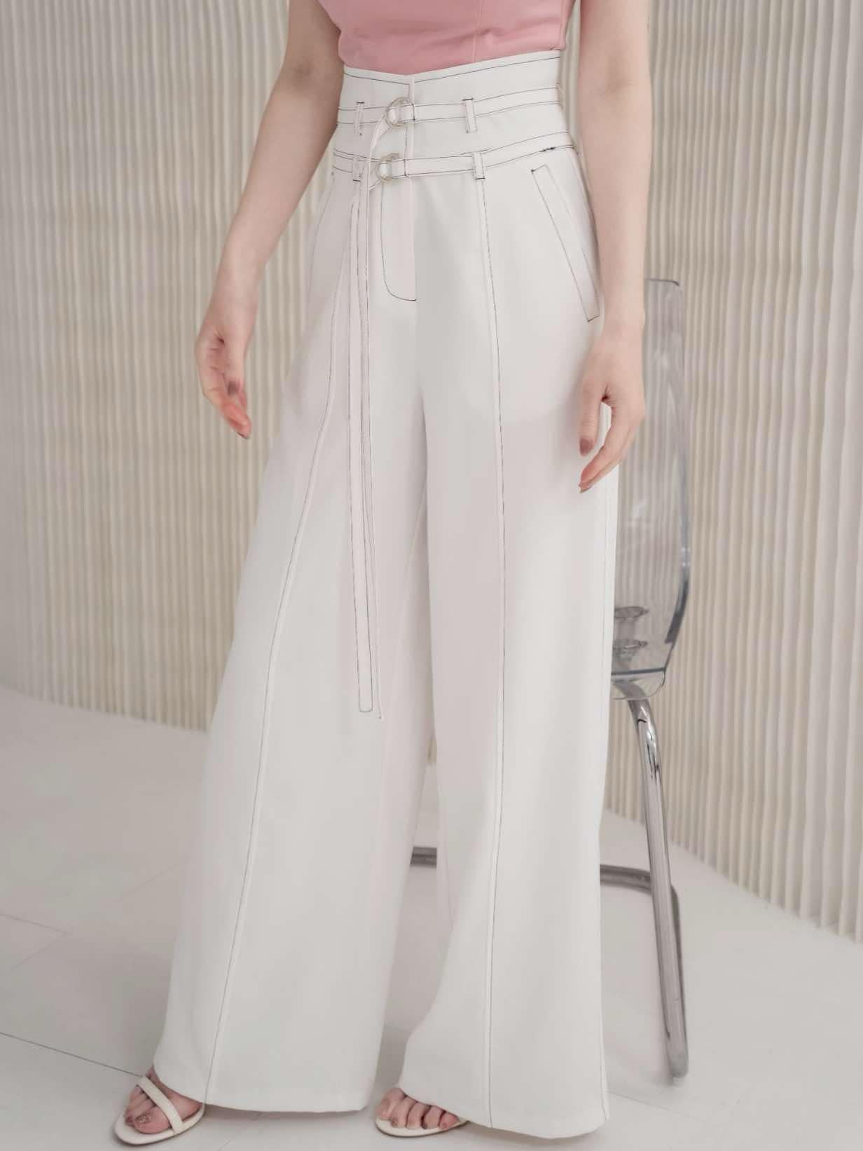 🤍車線雙帶高腰落地褲寬褲（白色均碼）