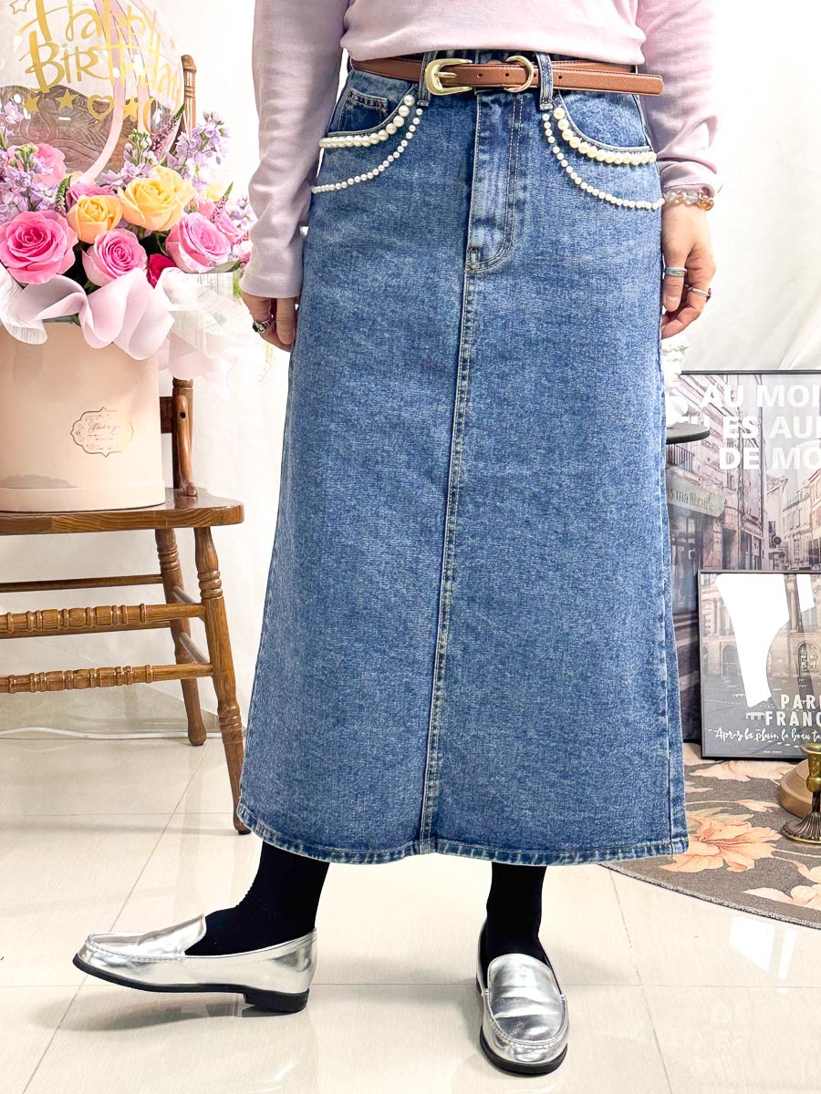 【低至50% SUMMER SALE  】size S 內橡根腰．袋邊釘珍珠．牛仔半截裙【不設退換】
