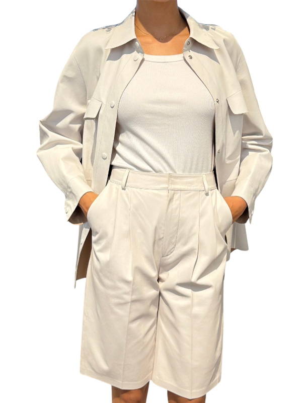 DESA 1972 打摺皮革五分褲(白)