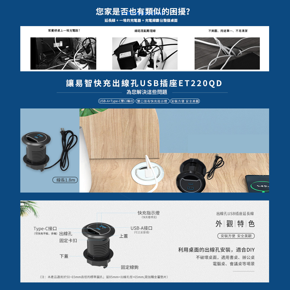 易智快充,省空間出線孔延長線,家裡、辦公室、浴室、廚房,是否也有因為電線太多,造成雜亂的問題?讓易智快充USB快充插座,來找回原有的整潔、安全、簡約、典雅