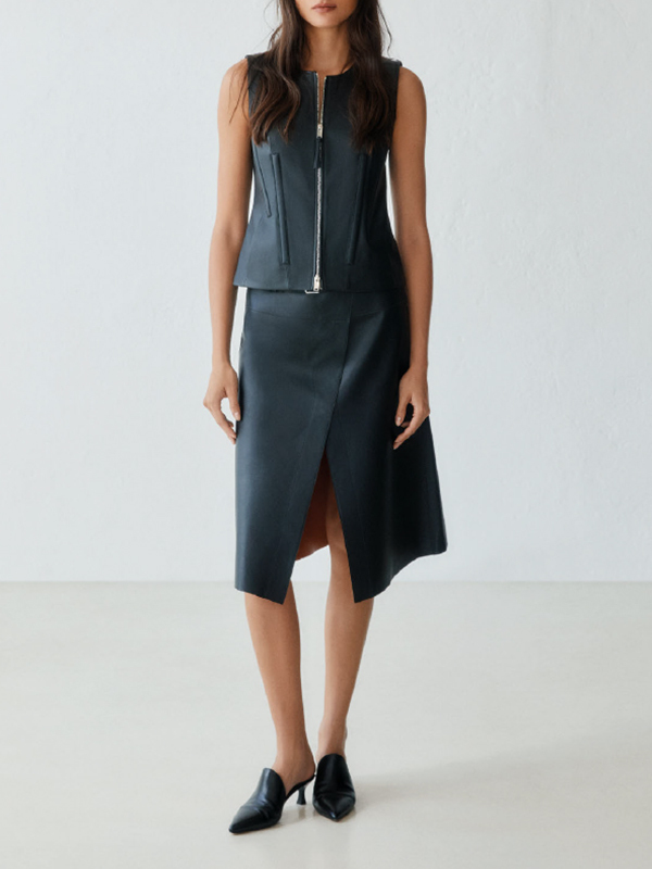 DESA 1972 腰部扣環前開叉皮裙(雙面)