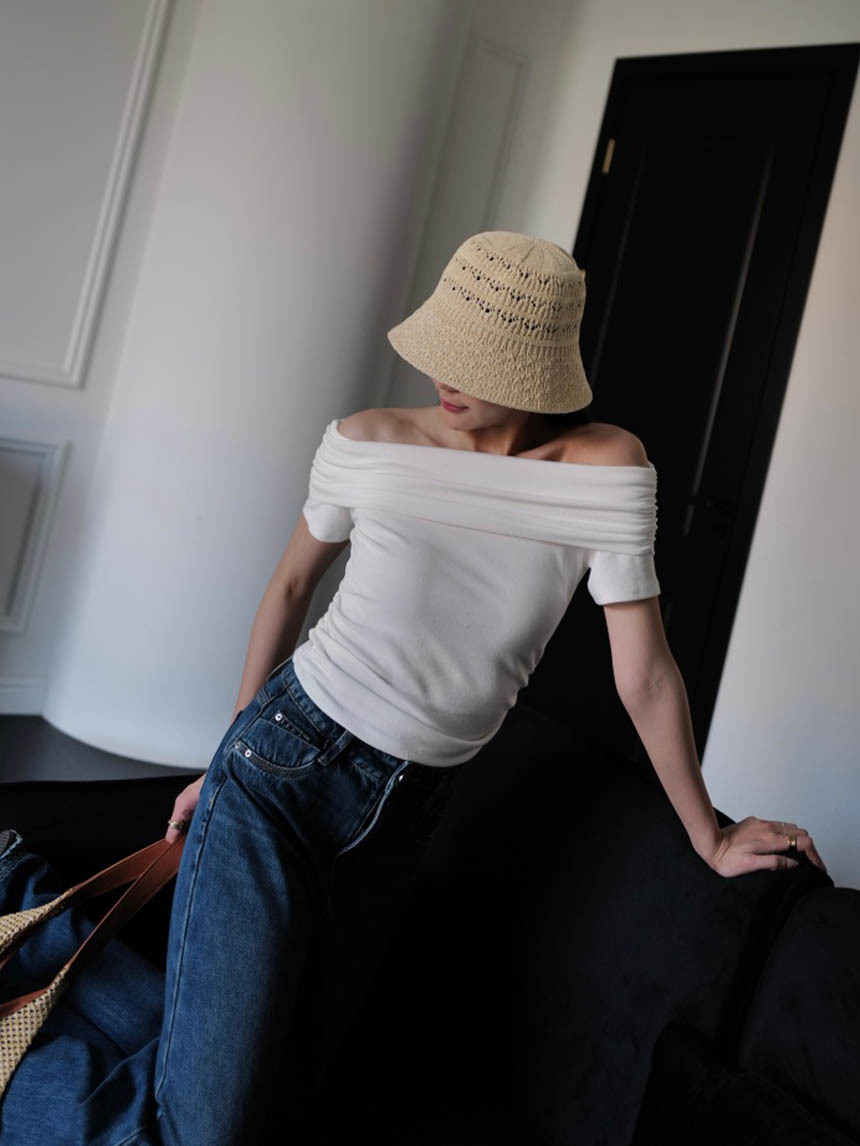 翻領一字領側抓皺短袖上衣*3色