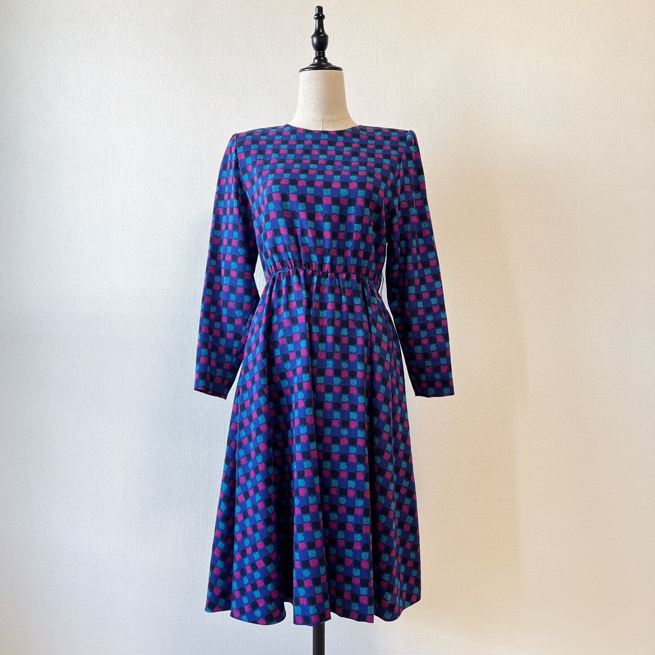 紫藍色格紋古著羊毛連身裙