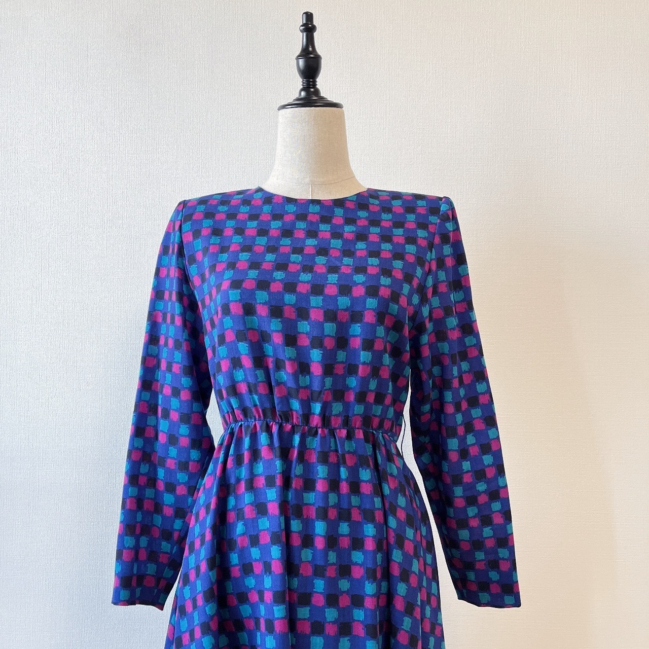 紫藍色格紋古著羊毛連身裙