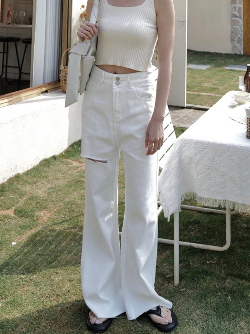 雙釦牛仔割破闊腿微喇叭牛仔褲*2色