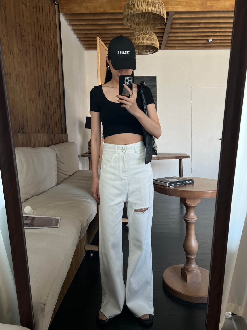 雙釦牛仔割破闊腿微喇叭牛仔褲*2色