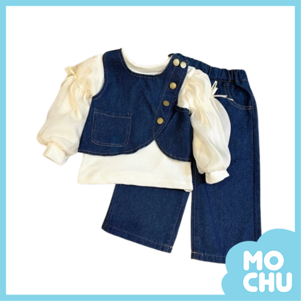 金釦牛仔三件式套裝