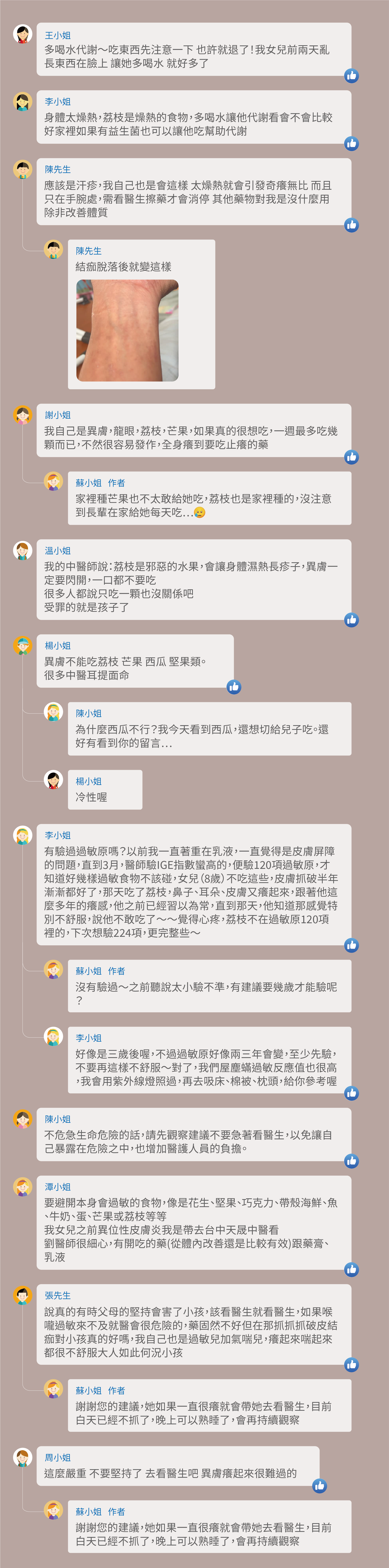 多喝水代謝～吃東西先注意一下 也許就退了！我女兒前兩天亂長東西在臉上 讓她多喝水 就好多了，身體太燥熱，荔枝是燥熱的食物，多喝水讓他代謝看會不會比較好家裡如果有益生菌也可以讓他吃幫助代謝，應該是汗疹，我自己也是會這樣 太燥熱就會引發奇癢無比 而且只在手腕處，需看醫生擦藥才會消停 其他藥物對我是沒什麼用除非改善體質，結痂脫落後就變這樣，我自己是異膚，龍眼，荔枝，芒果，如果真的很想吃，一週最多吃幾顆而已，不然很容易發作，全身癢到要吃止癢的藥，家裡種芒果也不太敢給她吃，荔枝也是家裡種的，沒注意到長輩在家給她每天吃⋯，我的中醫師說：荔枝是邪惡的水果，會讓身體濕熱長疹子，異膚一定要閃開，一口都不要吃，很多人都說只吃一顆也沒關係吧，受罪的就是孩子了，異膚不能吃荔枝 芒果 西瓜 堅果類。很多中醫耳提面命，為什麼西瓜不行？我今天看到西瓜，還想切給兒子吃。還好有看到你的留言⋯，冷性喔，有驗過過敏原嗎？以前我一直著重在乳液，一直覺得是皮膚屏障的問題，直到3月，醫師驗IGE指數蠻高的，便驗120項過敏原，才知道好幾樣過敏食物不該碰，女兒（8歲）不吃這些，皮膚抓破半年漸漸都好了，那天吃了荔枝，鼻子、耳朵、皮膚又癢起來，跟著他這麼多年的癢感，他之前已經習以為常，直到那天，他知道那感覺特別不舒服，說他不敢吃了～～覺得心疼，荔枝不在過敏原120項裡的，下次想驗224項，更完整些～沒有驗過～之前聽說太小驗不準，有建議要幾歲才能驗呢？好像是三歲後喔，不過過敏原好像兩三年會變，至少先驗，不要再這樣不舒服～對了，我們屋塵蟎過敏反應值也很高，我會用紫外線燈照過，再去吸床、棉被、枕頭，給你參考喔，不危急生命危險的話，請先觀察建議不要急著看醫生，以免讓自己暴露在危險之中，也增加醫護人員的負擔。要避開本身會過敏的食物，像是花生、堅果、巧克力、帶殼海鮮、魚、牛奶、蛋、芒果或荔枝等等，我女兒之前異位性皮膚炎我是帶去台中天晟中醫看，劉醫師很細心，有開吃的藥(從體內改善還是比較有效)跟藥膏、乳液，說真的有時父母的堅持會害了小孩，該看醫生就看醫生，如果喉嚨過敏來不及就醫會很危險的，藥固然不好但在那抓抓抓破皮結痂對小孩真的好嗎，我自己也是過敏兒加氣喘兒，癢起來喘起來都很不舒服大人如此何況小孩，謝謝您的建議，她如果一直很癢就會帶她去看醫生，目前白天已經不抓了，晚上可以熟睡了，會再持續觀察，這麼嚴重 不要堅持了 去看醫生吧 異膚癢起來很難過的，謝謝您的建議，她如果一直很癢就會帶她去看醫生，目前白天已經不抓了，晚上可以熟睡了，會再持續觀察