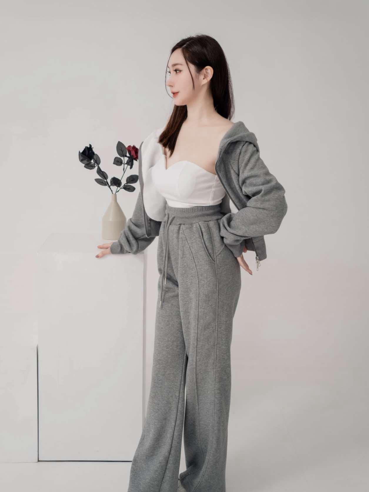 🤍內刷絨連帽運動外套+抽繩長褲兩件式（灰色均碼）