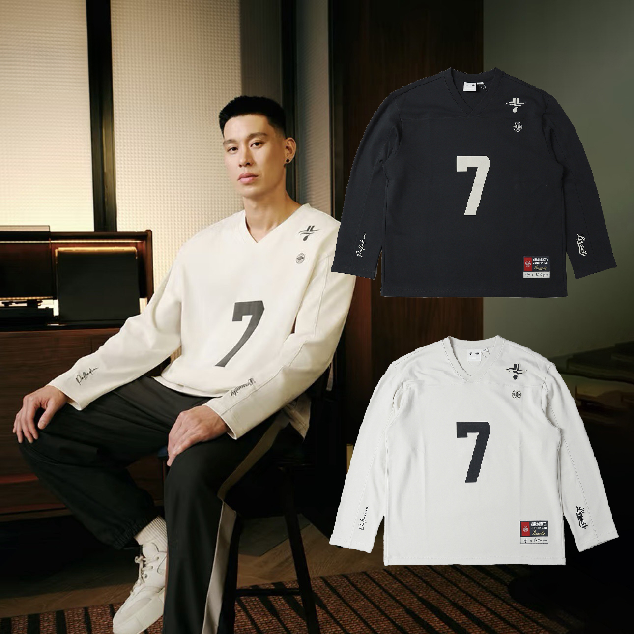 **特價商品售出無退換**男女款 PALLADIUM X JEREMY LIN LINSANITY 林書豪聯名 鉛黑色 棉花糖色 小標 電繡 印花 復古7號 長袖 冰球衣【1011224】#PALLADIUMXJEREMYLIN