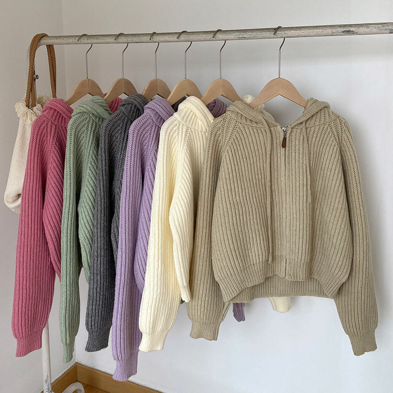 Sweet Pastel Hooded Soft Knit Zipper Jacket