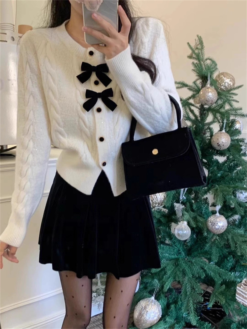 Chic Twisted Knit Bow-Embellished Glitter Sweater Jacket