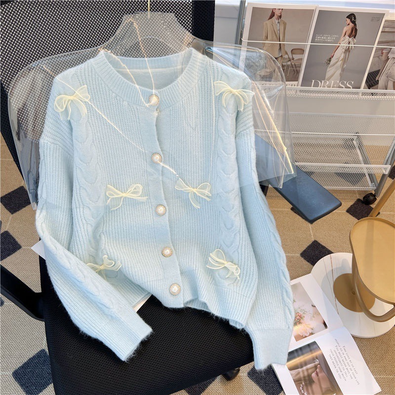 Dainty Korean Knit Cardigan with Pearl and Lace Bow