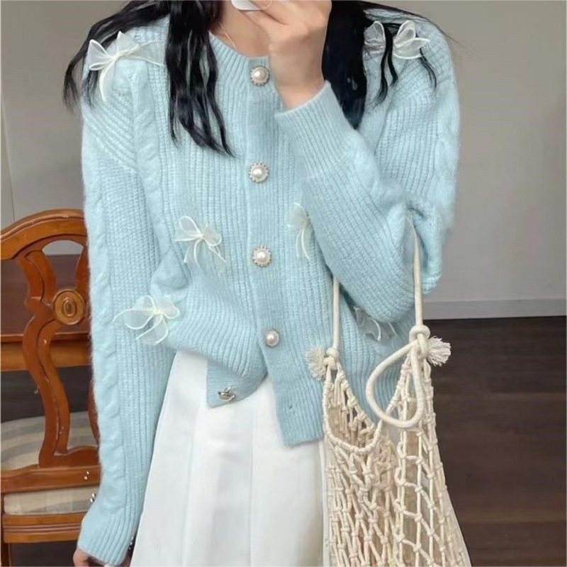 Dainty Korean Knit Cardigan with Pearl and Lace Bow
