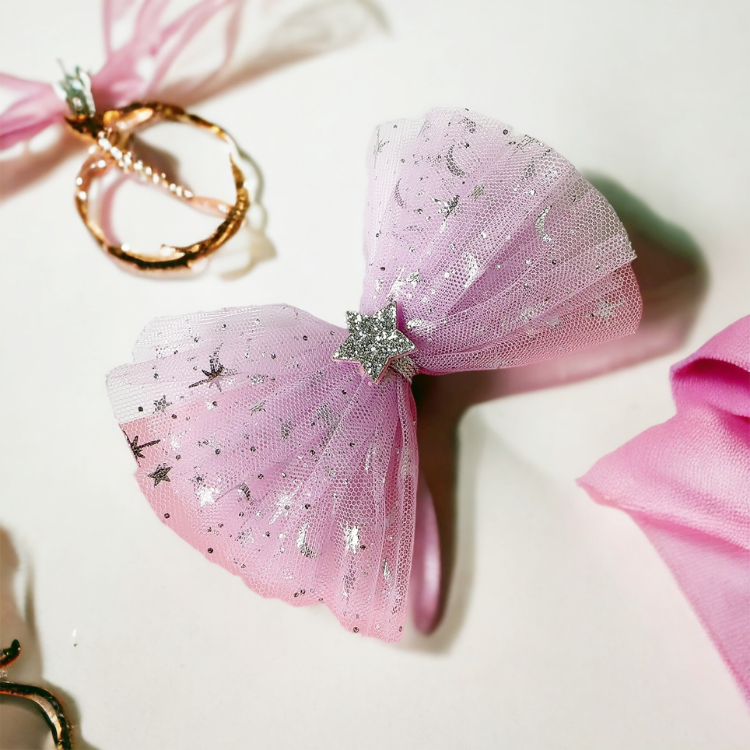 芭蕾網紗蝴蝶結兒童髮夾-粉紫色