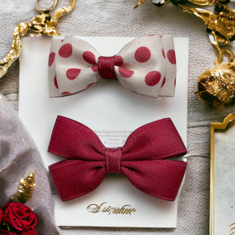 氣質緞帶蝴蝶夾兒童髮夾-暗紅點點