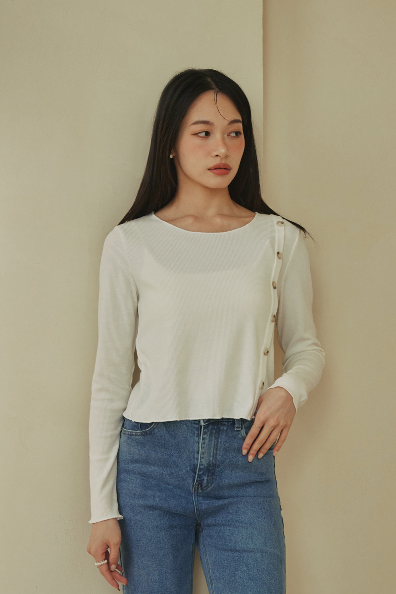 造型側釦坑條木耳邊上衣