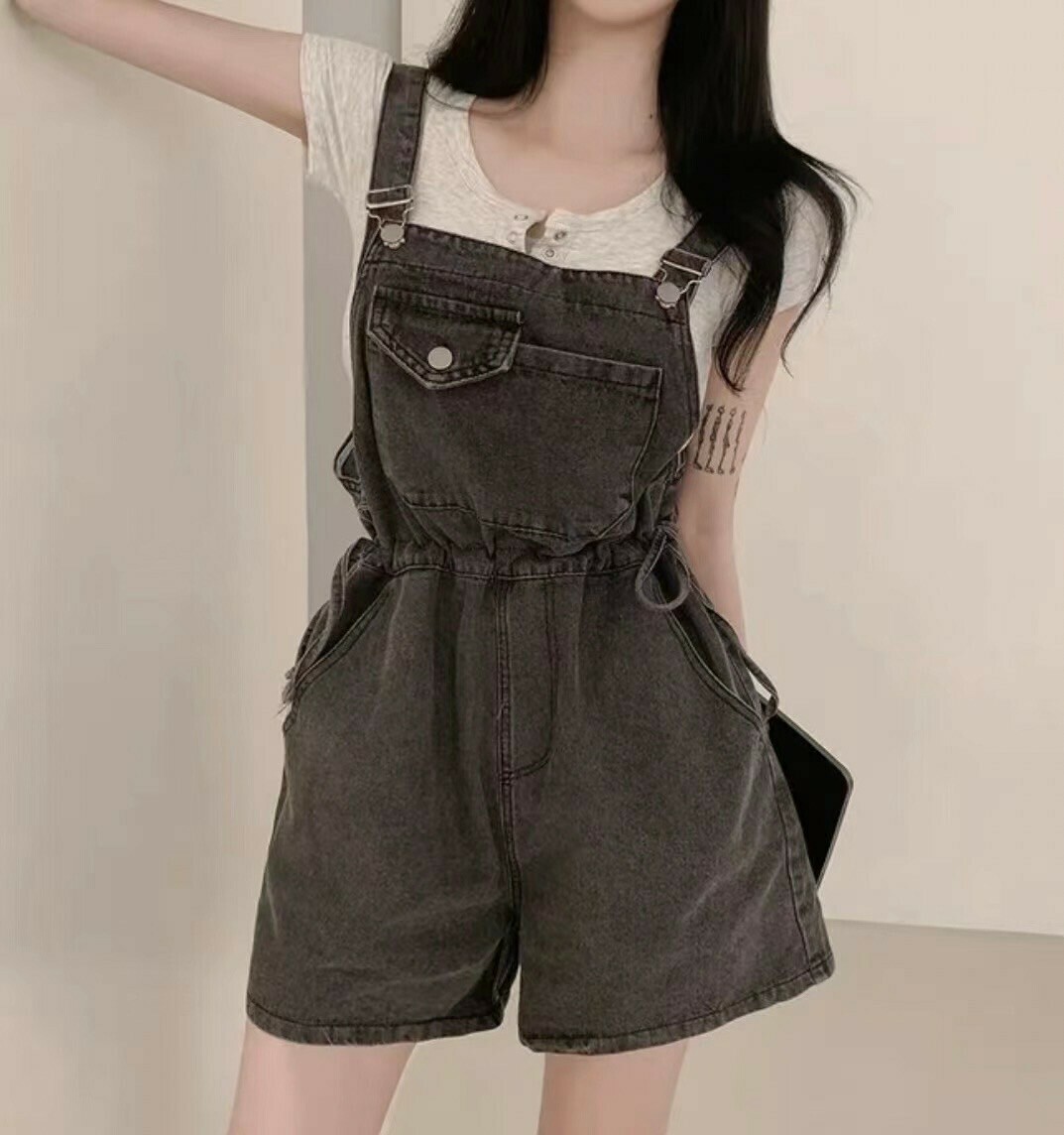 腰抽繩牛仔吊帶短褲