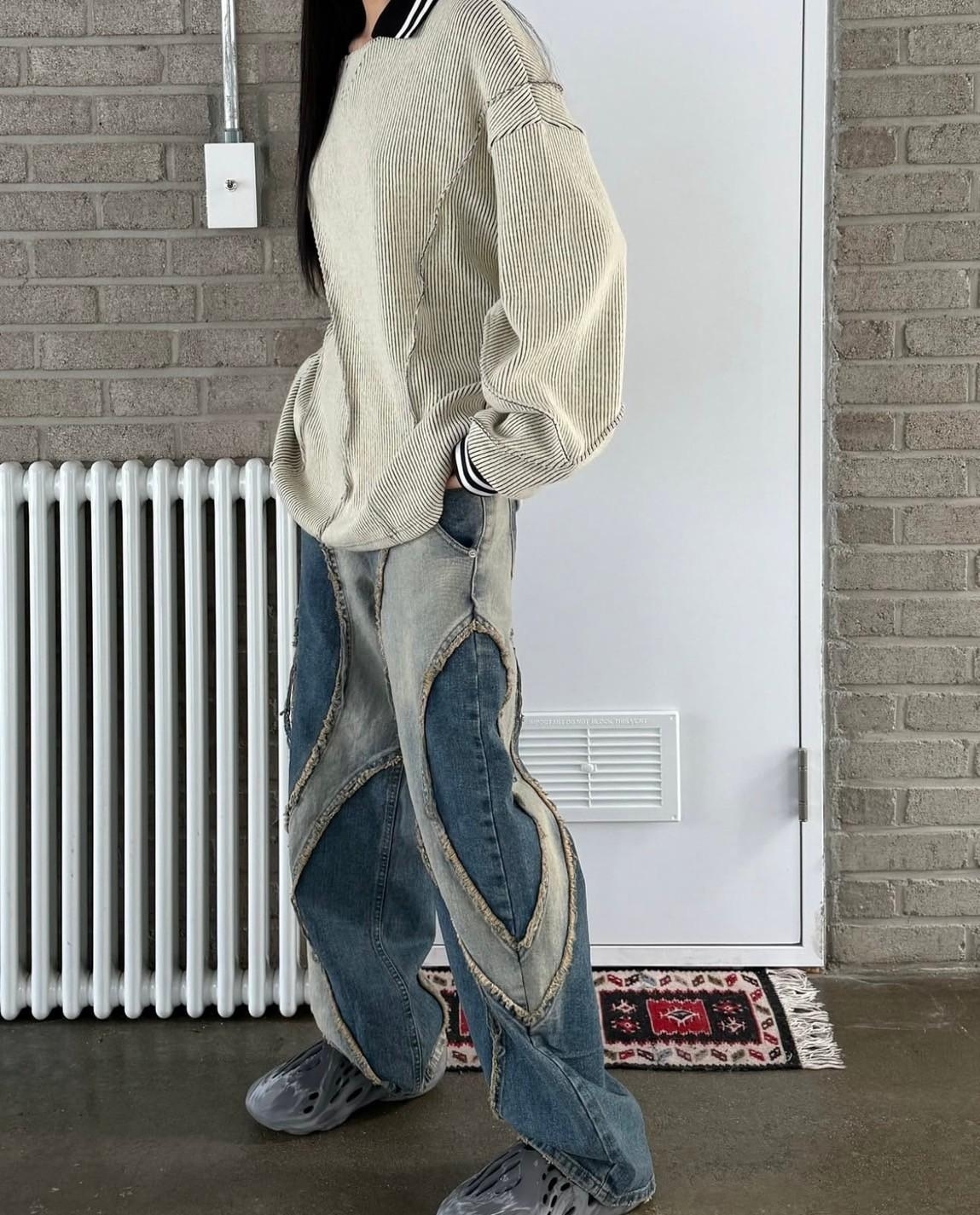 UNUSED 拼接 毛邊 闊腿 #牛仔褲