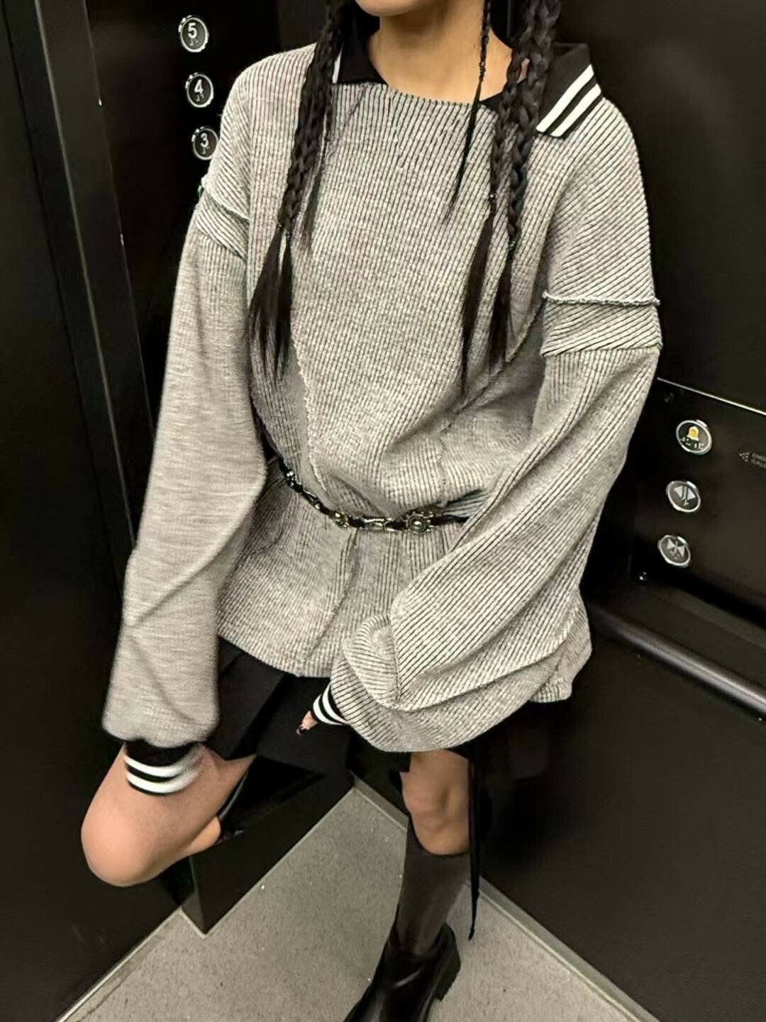 UNUSED  線條 反領 拼接 #長袖