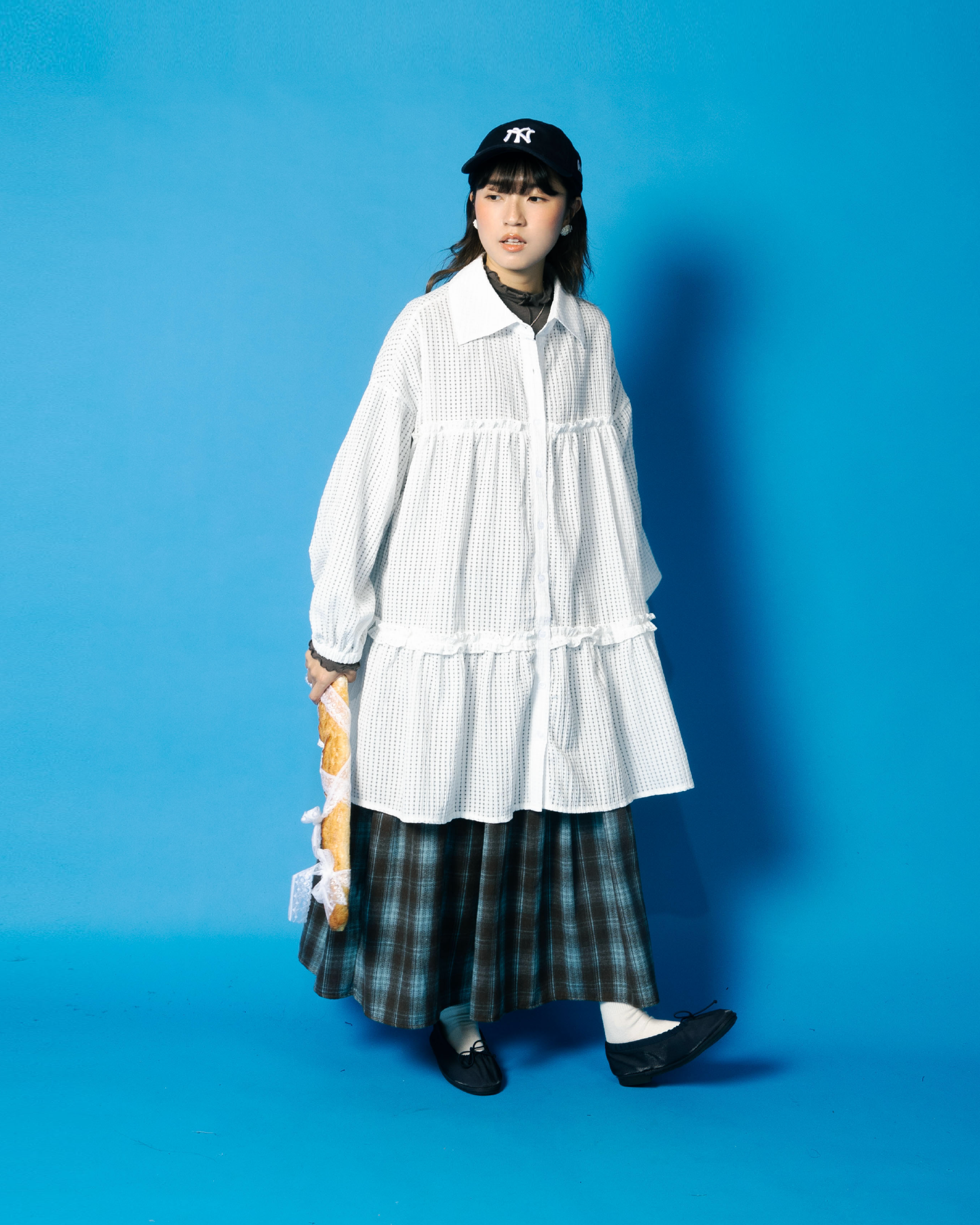 束繩三層格紋傘型半裙