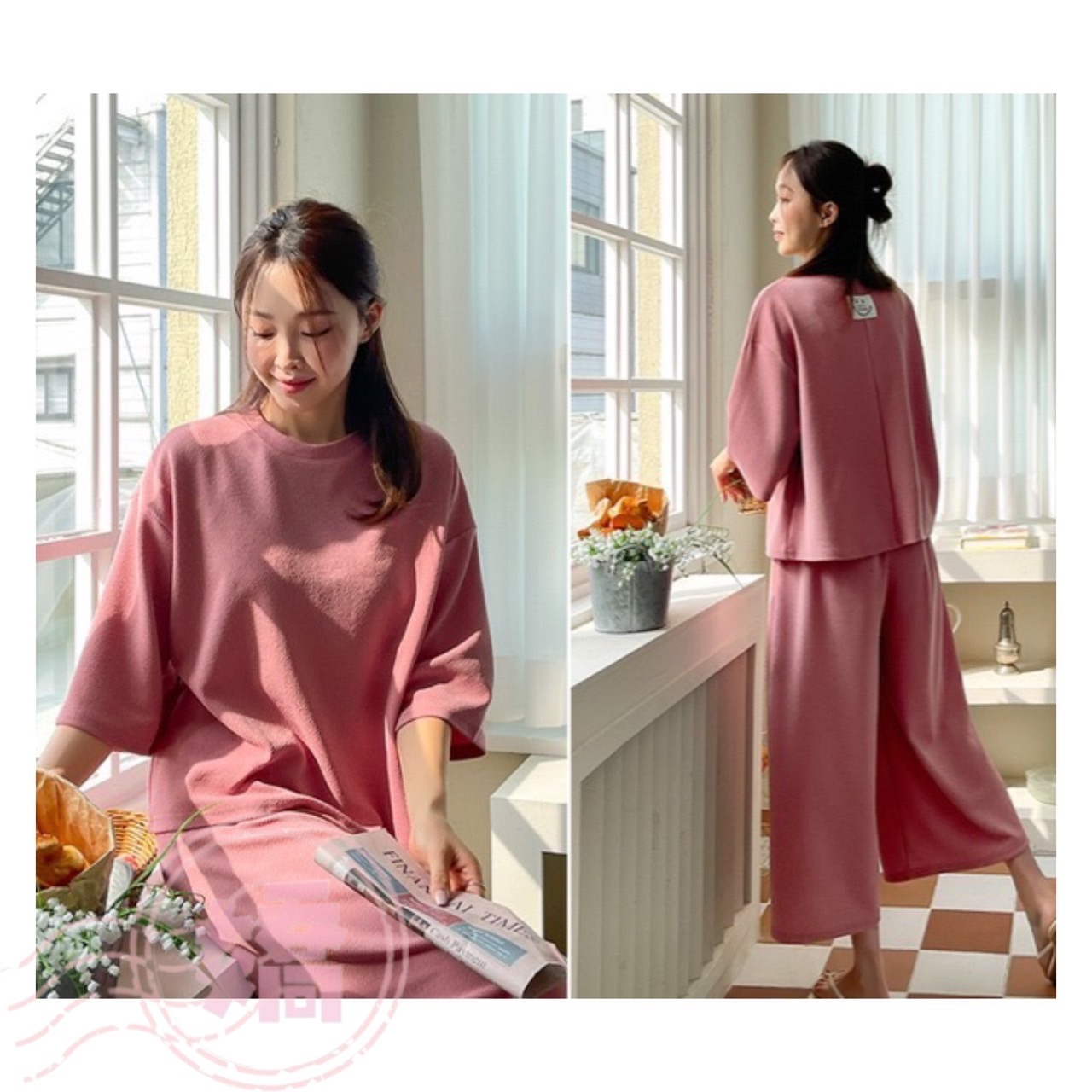 K17001後背笑臉標長寬褲套裝(杏'粉'藍'黑)