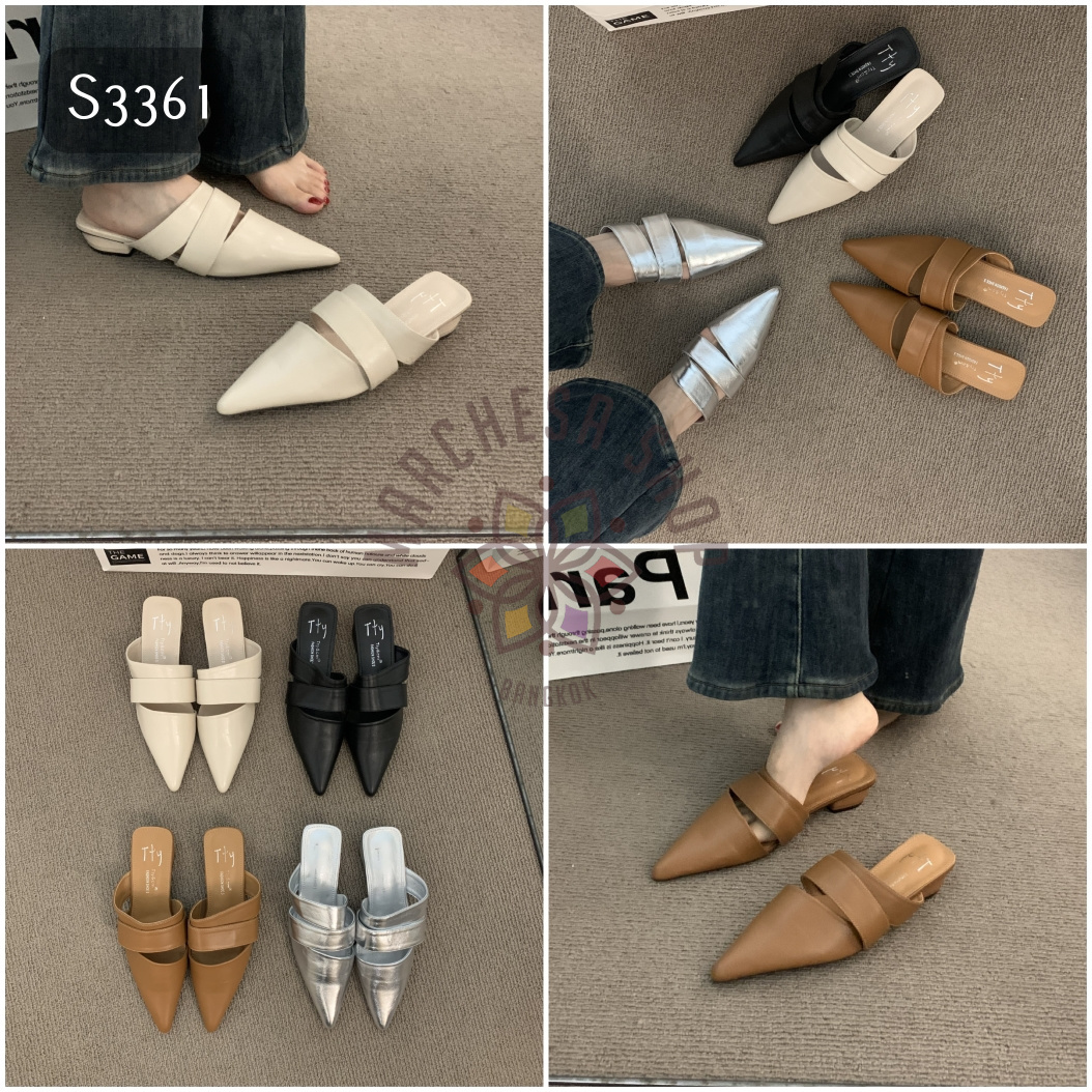 S3361 - 牛皮粗帶交疊尖頭低踭涼拖