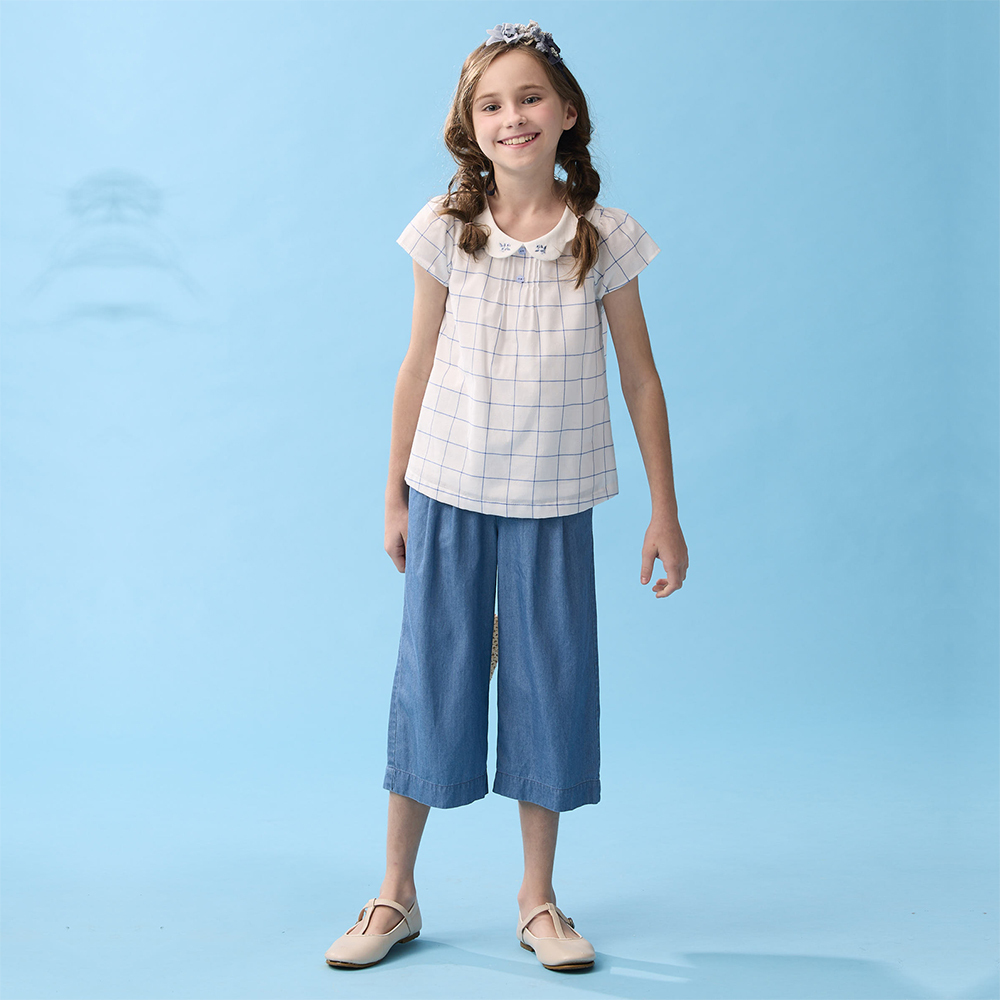 PIPPY天棉質彈性休閒8分寬口褲 藍