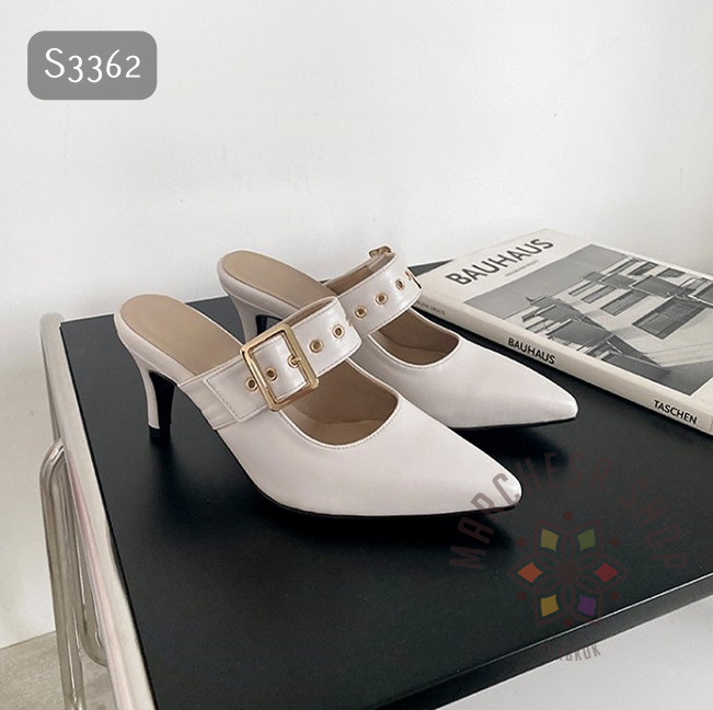 S3362 - 牛皮一字扣帶交疊尖頭高踭涼拖 (大小呎碼)