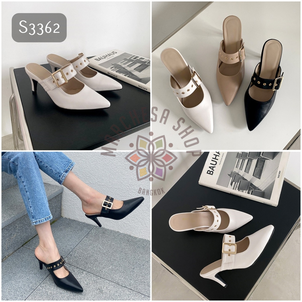 S3362 - 牛皮一字扣帶交疊尖頭高踭涼拖 (大小呎碼)