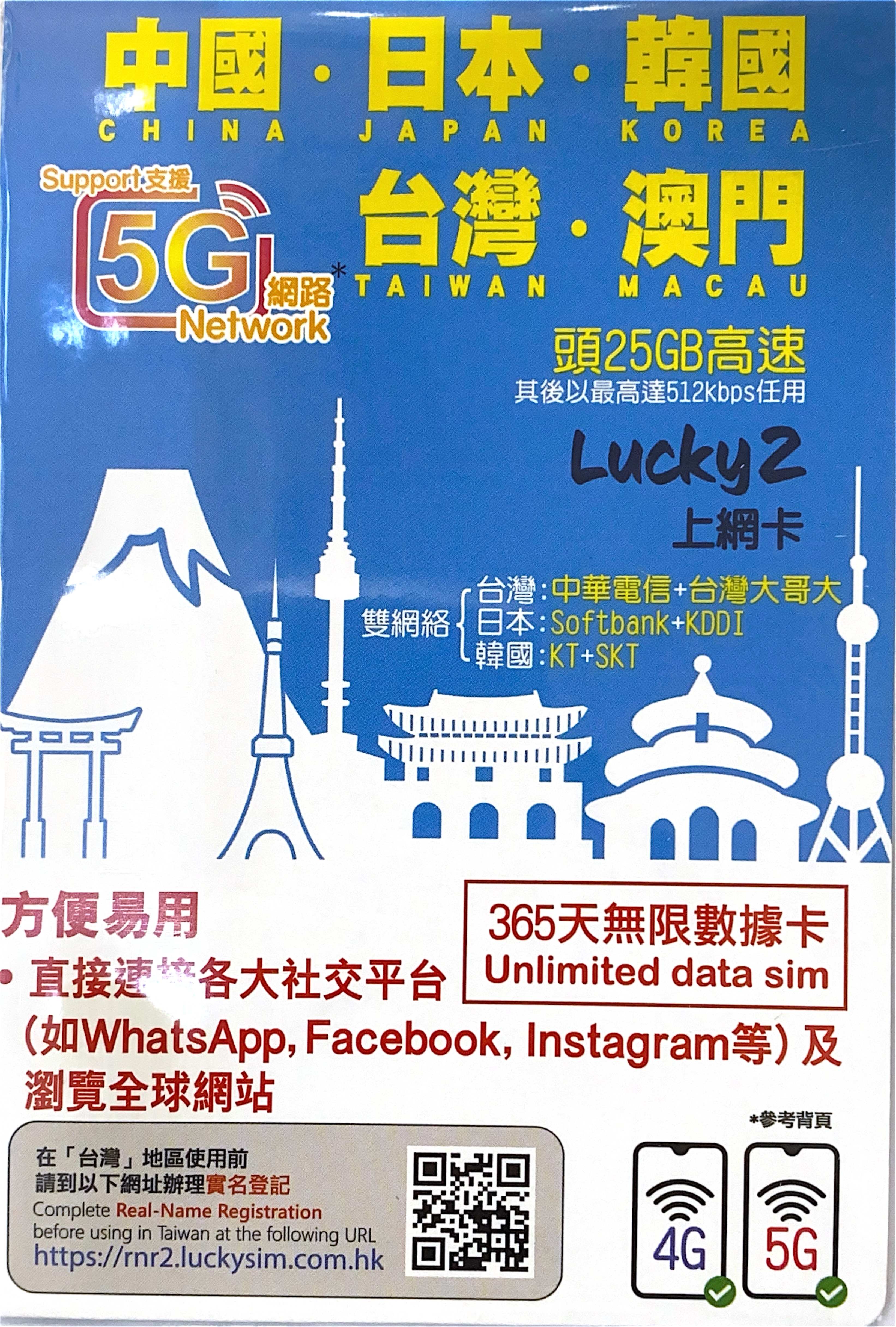 Lucky 2【中日韓台澳】365日 20GB＋無限上網 4G 上網卡｜多國數據卡 SIM 咭