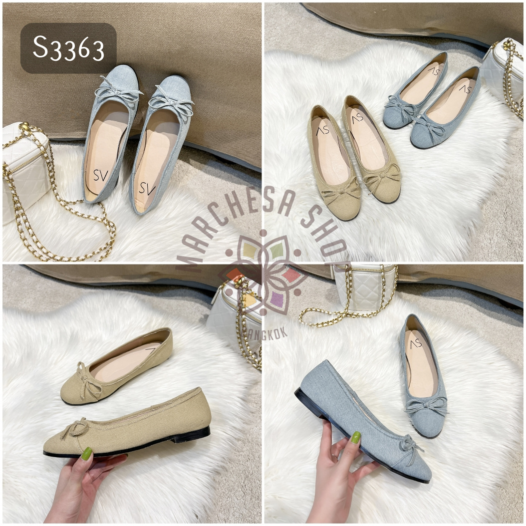 S3363 - 牛皮牛仔布蝴蝶結圓頭平底鞋 (大小呎碼)