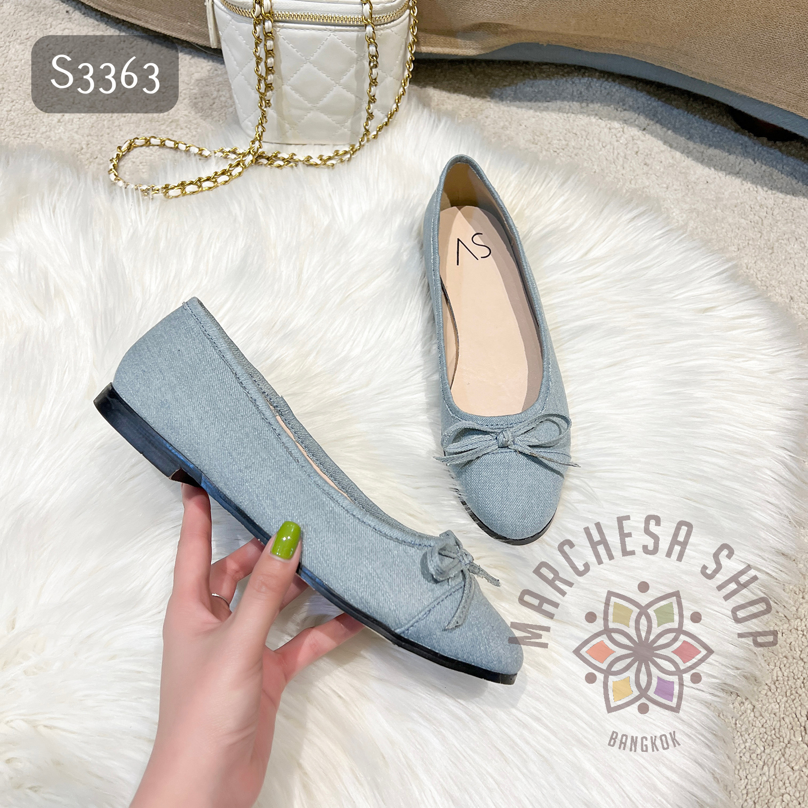 S3363 - 牛皮牛仔布蝴蝶結圓頭平底鞋 (大小呎碼)