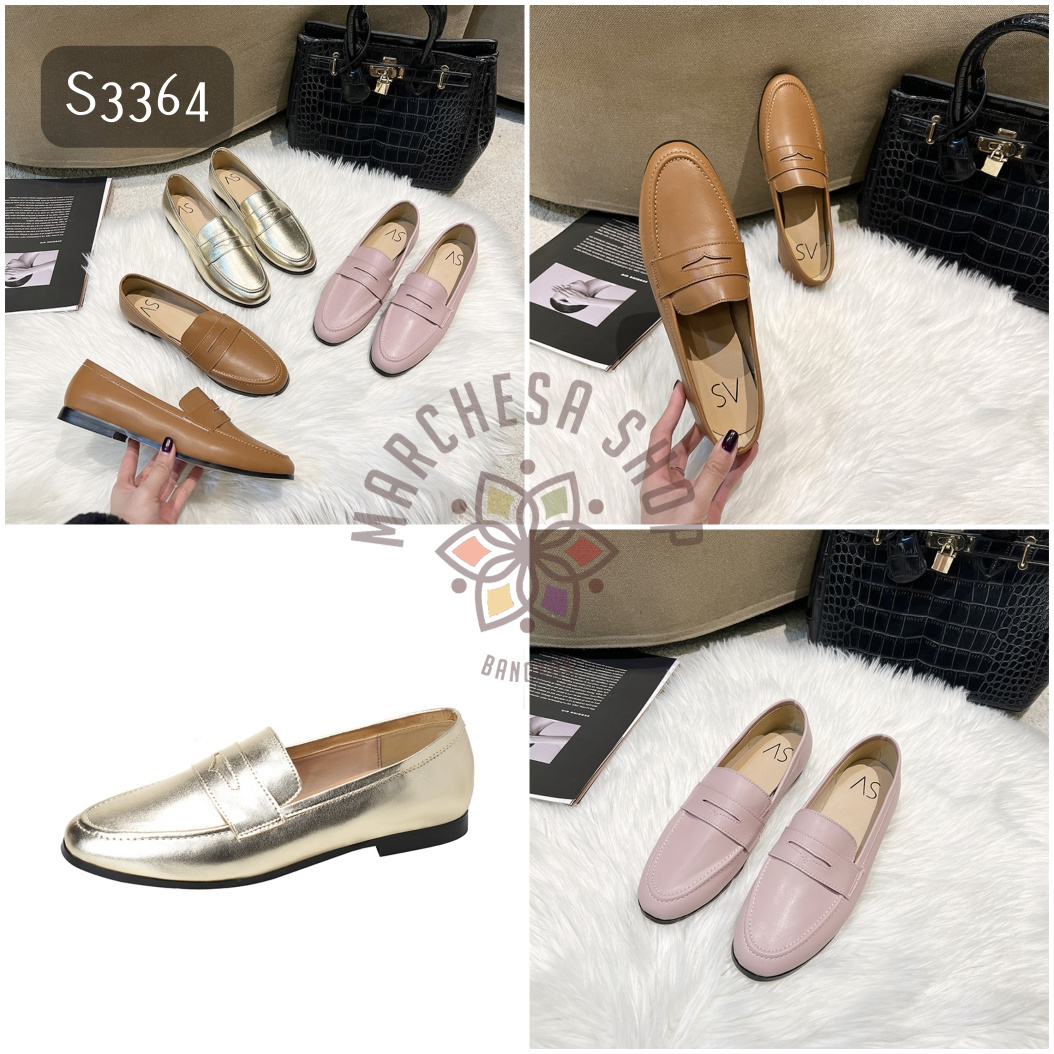 S3364 - 牛皮純色一字帶圓頭平底休閒鞋 (大小呎碼)