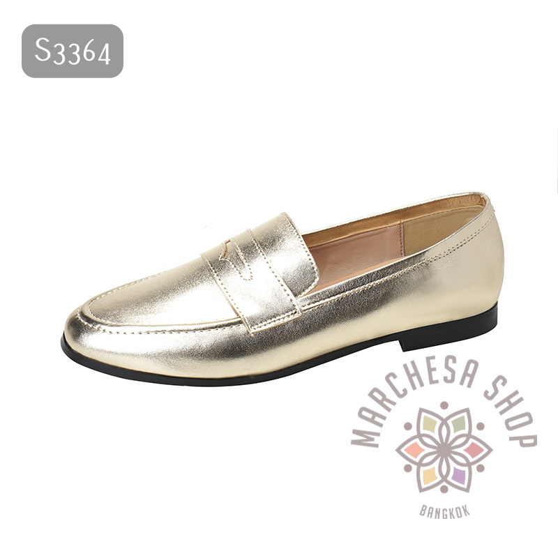 S3364 - 牛皮純色一字帶圓頭平底休閒鞋 (大小呎碼)