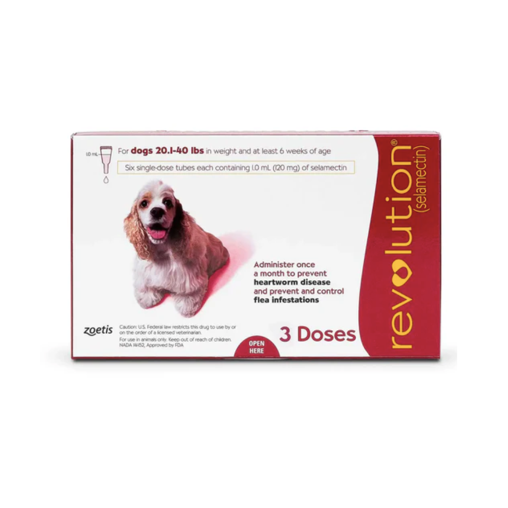 Revolution -犬用 (預防跳蚤、心絲蟲病、蛔蟲、鉤蟲、耳蟎) 中型狗 (紅盒) 20-40 LBS 3支裝