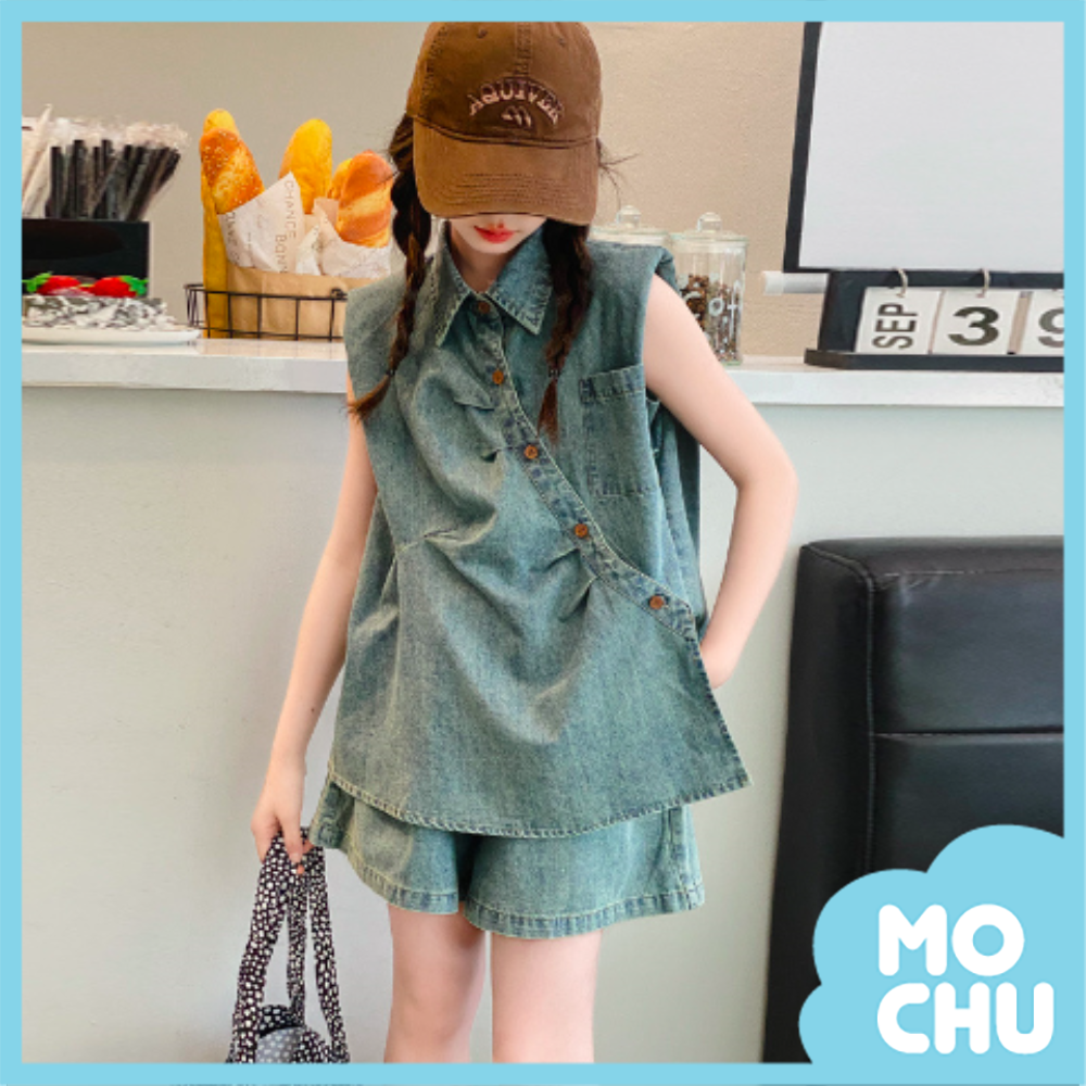 不規則斜開牛仔兩件組套裝