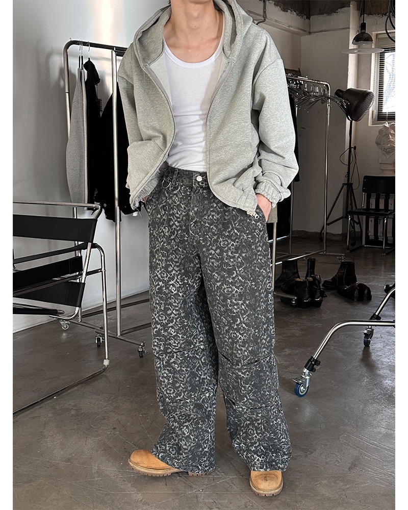 豹紋鉚釘闊腿褲