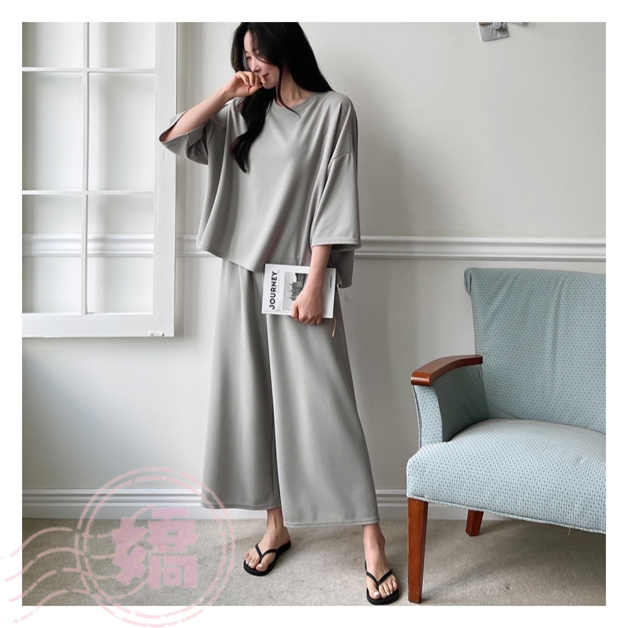 K18002落肩上衣+直筒寬褲套裝(淺灰'粉'深灰'黑)