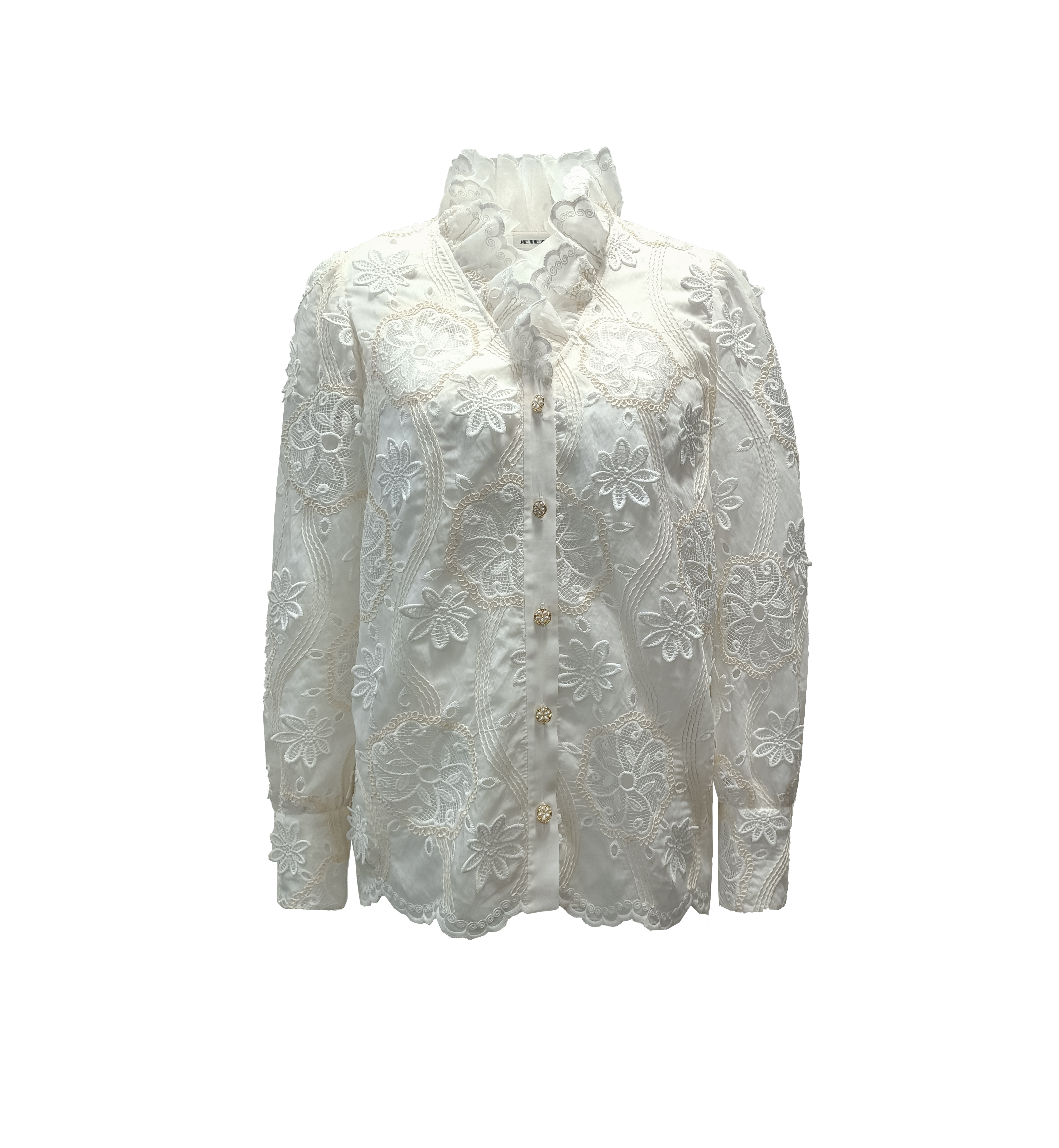 BE10139A1 棉薄紗刺繡蕾絲荷葉V領襯衫